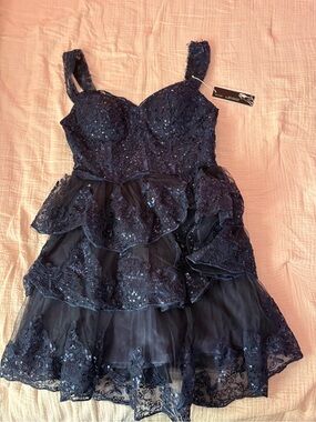 Navy Embroidered Sequin Tiered Dress